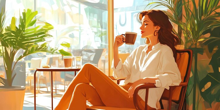 una mujer está sentada en una silla con una taza de café en la mano