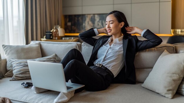 una mujer está sentada en un sofá con una computadora portátil