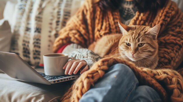 Una mujer está sentada en un sofá con un gato. Tiene una taza de té y usa una computadora portátil.