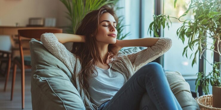 una mujer está sentada en un sofá y sus ojos cerrados