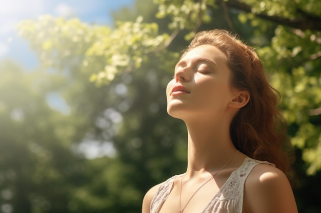 Una mujer está sentada en el sol mirando hacia el cielo, lleva una camiseta blanca y tiene el cabello caído, la escena es pacífica y serena, ya que la mujer se está tomando un momento para relajarse.