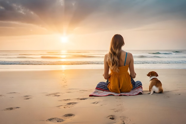 Una mujer está sentada en una toalla y observa la puesta de sol.