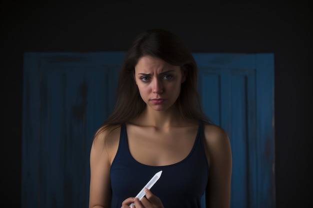 Una mujer está sola agarrando un cuchillo con fuerza en una habitación con poca luz, sus oscuras intenciones envueltas en misterio Mujer triste quejándose sosteniendo una prueba de embarazo generada por IA