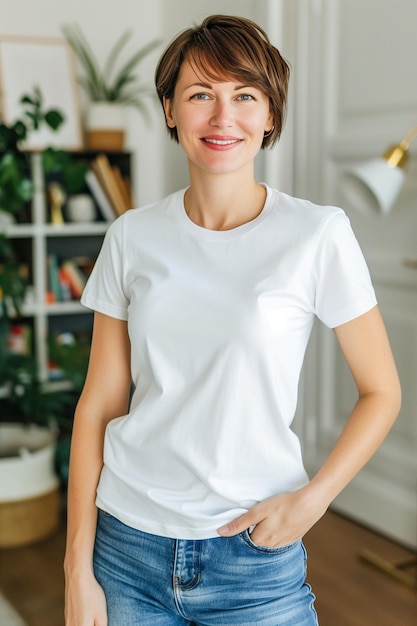 Una mujer está sonriendo y con una camisa blanca y pantalones vaqueros azules