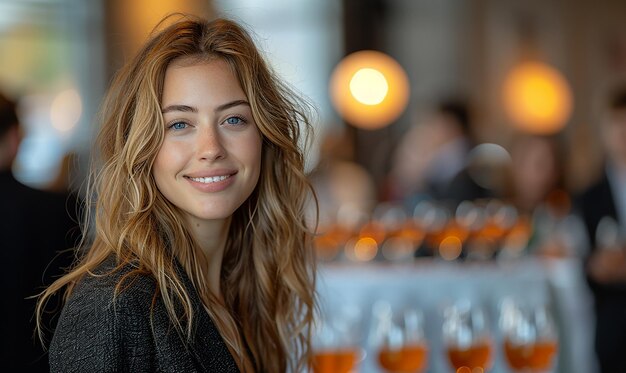 una mujer está sonriendo frente a varios vasos de alcohol