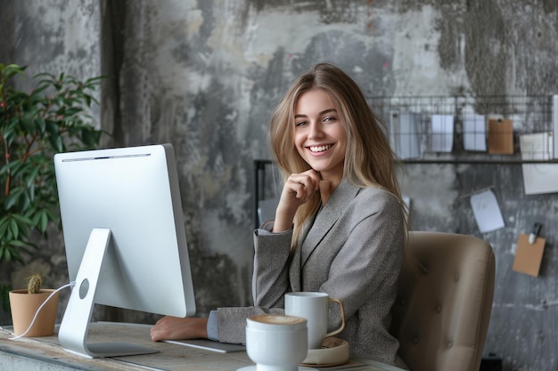 una mujer está sonriendo mientras está sentada en un escritorio