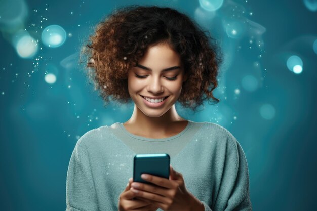 La mujer está sonriendo mientras mira su teléfono celular