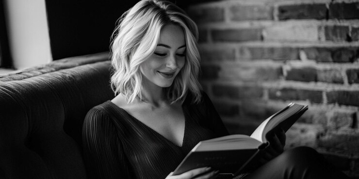 una mujer está sonriendo mientras sostiene un libro