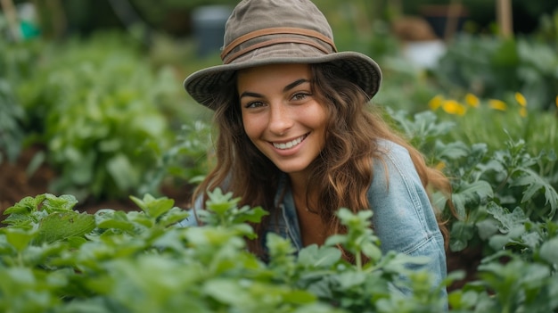 La mujer está sonriendo mientras trabaja en el campo de verduras