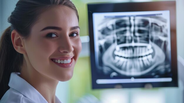 Una mujer está sonriendo y sosteniendo una imagen médica de los dientes de una mujer