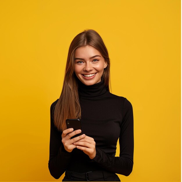 mujer está sonriendo y sosteniendo un teléfono con un fondo amarillo