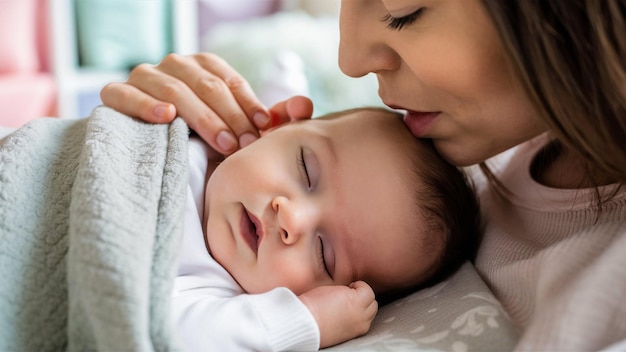 una mujer está sosteniendo a un bebé con los ojos cerrados