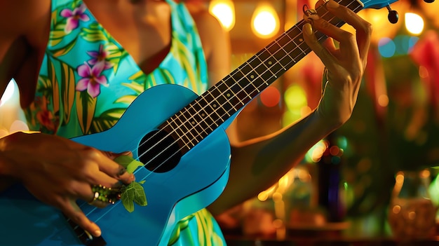 una mujer está tocando una guitarra azul con una guitarra azul