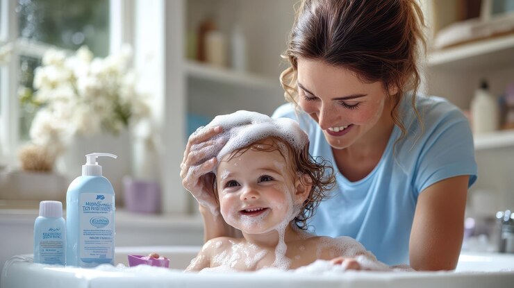 una mujer está tomando un baño con su bebé