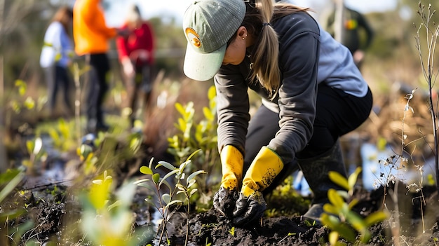 una mujer está trabajando en un campo con plantas y un sombrero