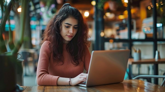 una mujer está trabajando en una computadora portátil con una camisa roja
