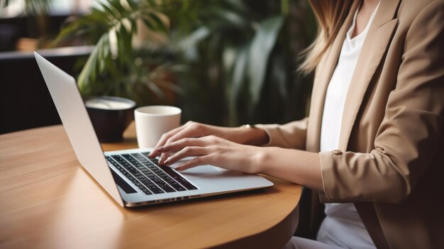 La mujer está trabajando en una computadora portátil en un escritorio de madera en la oficina