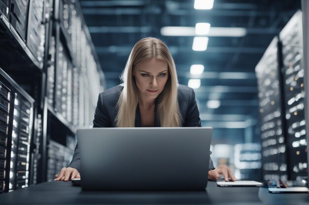 una mujer está trabajando en una computadora portátil y está mirando su computadora portátil.