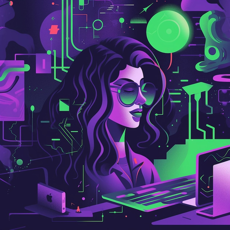 Foto una mujer está trabajando en una computadora portátil con un fondo colorido.