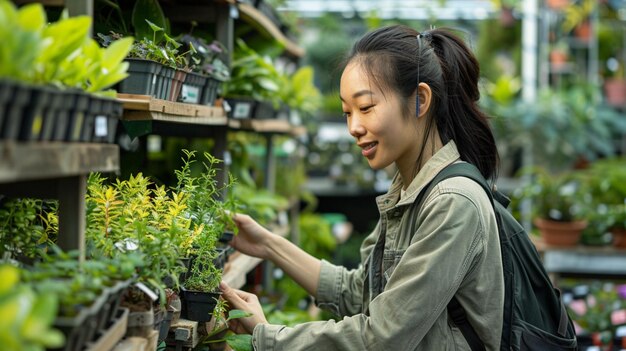 una mujer está trabajando en el jardín de plantas