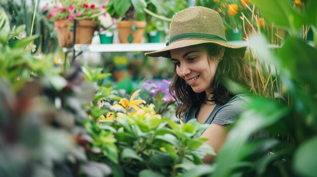 una mujer está trabajando en un jardín de plantas