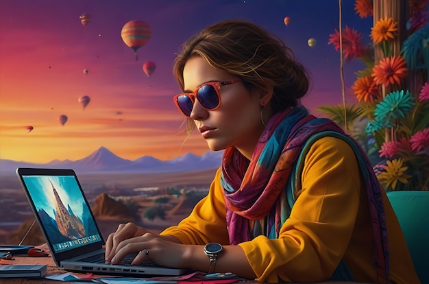 una mujer está trabajando en su portátil con globos de aire caliente en el fondo