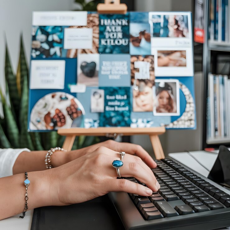 una mujer está trabajando en un teclado de computadora