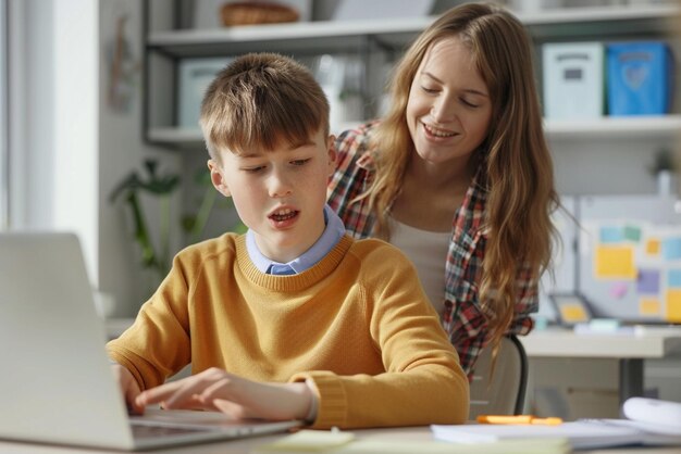 una mujer está usando una computadora portátil con un niño en la pantalla