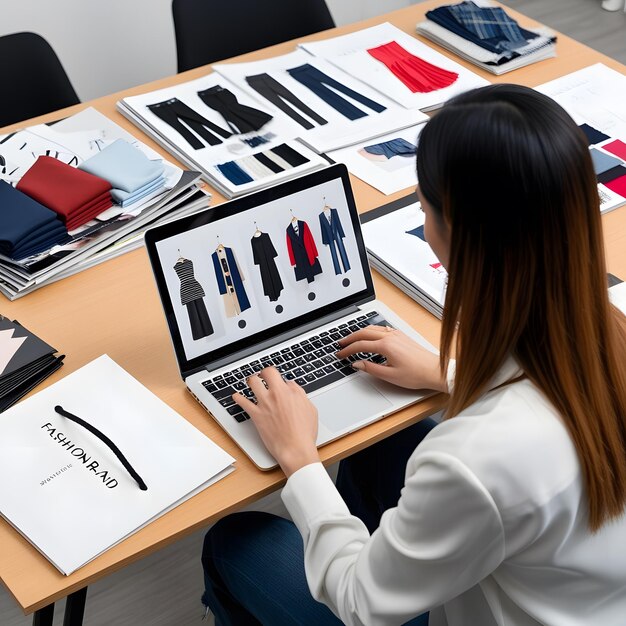 una mujer está usando una computadora portátil con la palabra moda en ella