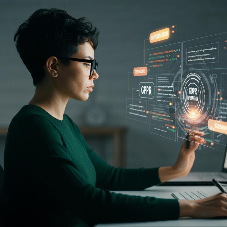 una mujer está usando una computadora portátil con una pantalla que dice cyber en ella