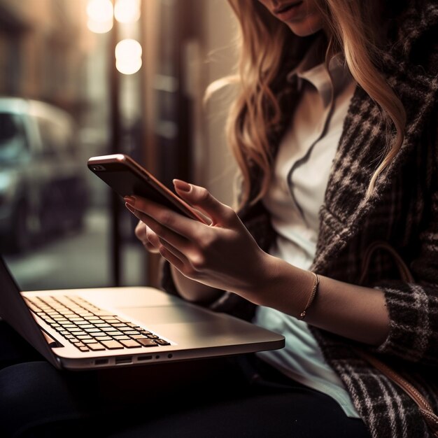 una mujer está usando una computadora portátil y un teléfono celular