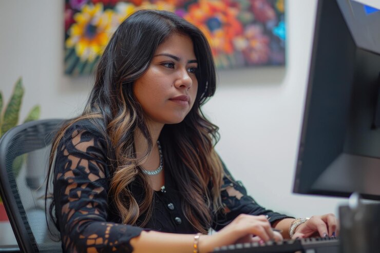 Foto una mujer está usando una computadora con un teclado negro