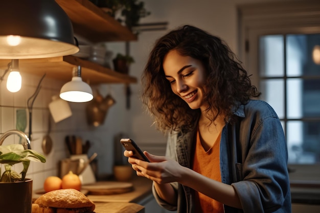 Una mujer está usando su teléfono en una cocina.