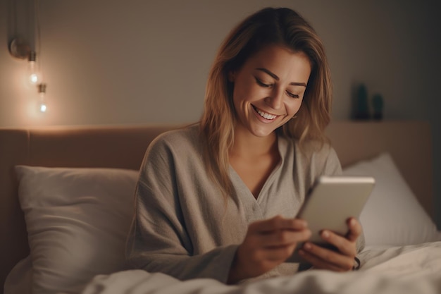 Una mujer está usando una tableta en la cama y sonriendo.