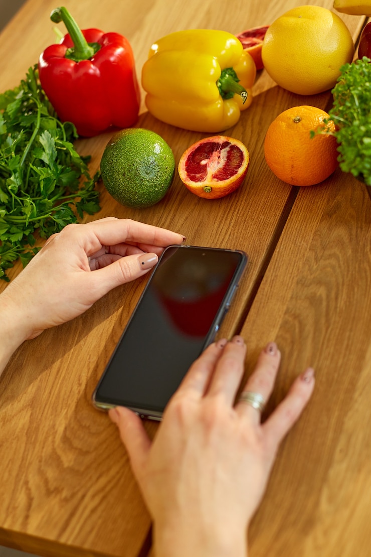 Foto la mujer está usando tableta digital o smarthone, buscando receta