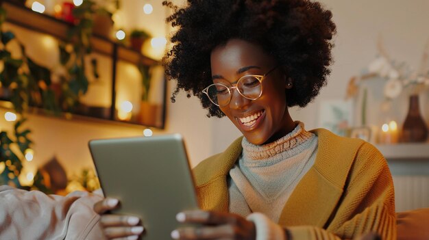 una mujer está usando una tableta con una sonrisa en su cara