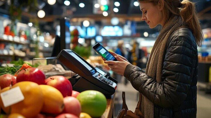 Foto una mujer está usando un teléfono y una caja registradora