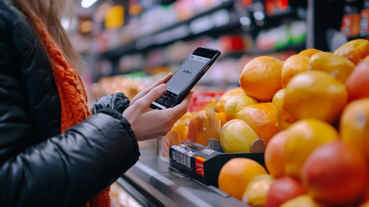 Foto una mujer está usando un teléfono celular en una tienda de comestibles