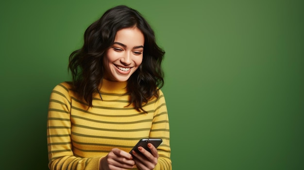 La mujer está usando un teléfono inteligente con un suéter a rayas contra un fondo de color