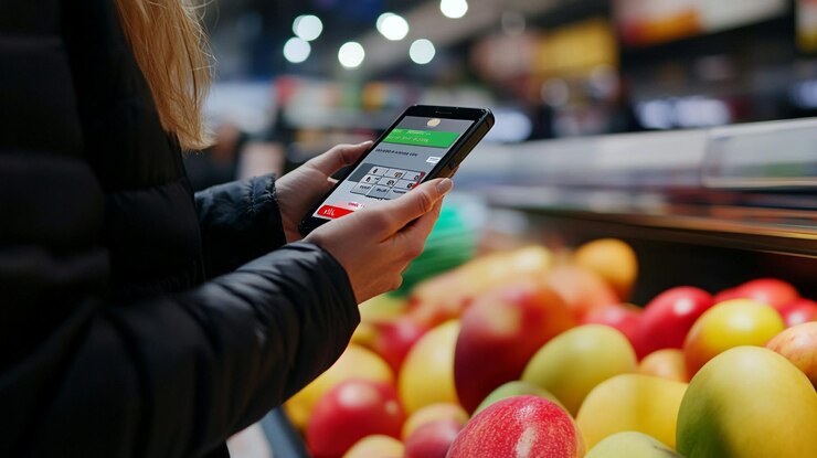 Foto una mujer está usando un teléfono en un mercado de frutas
