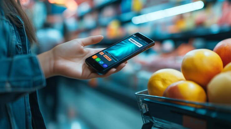 Foto una mujer está usando un teléfono en una tienda de comestibles