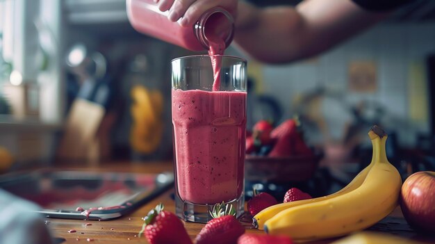 Una mujer está vertiendo un batido rosado de una licuadora en un vaso el batido está hecho con fresas arándanos y plátanos