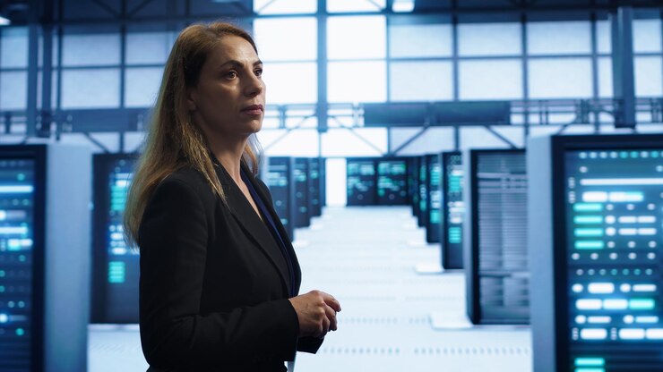 Foto mujer en el establecimiento del centro de servidores haciendo diagnóstico buscando errores en el equipo