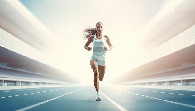 Mujer en el estadio corriendo maratón gana