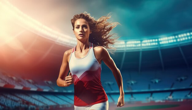 Foto mujer en el estadio corriendo maratón