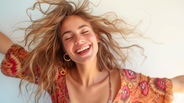 Mujer en un estado de pura alegría cerrar la felicidad exitoso fondo blanco