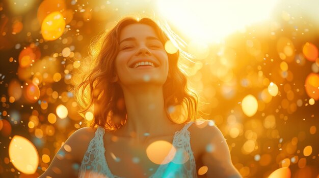 Foto mujer en un estado de pura alegría cerrar la felicidad exitoso