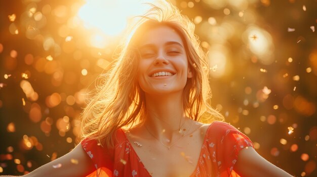 Mujer en un estado de pura alegría cerrar la felicidad exitoso