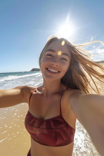 Una mujer estadounidense en ropa de playa disfrutando del sol