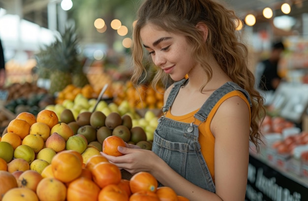 Foto mujer estadounidense seleccionando frutas en el mercado al aire libre mercados callejeros estadounidenses foto